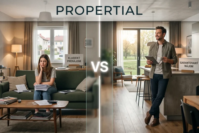 Porovnanie klasického prenájmu a garantovaného nájmu od spoločnosti PROPERTIAL – ustaraná majiteľka bytu s papiermi vs. spokojný prenajímateľ v modernej kuchyni.